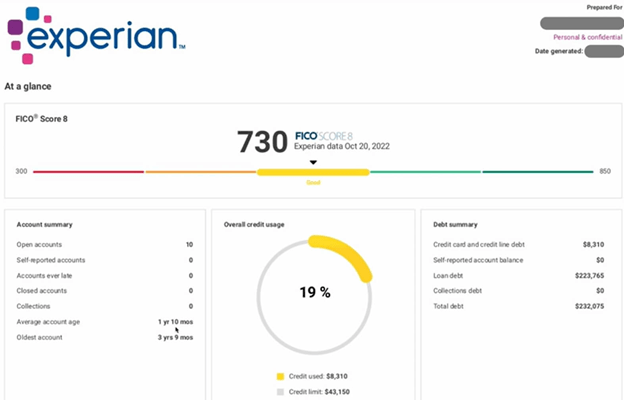 Sample credit report dashboard showing payment history, balances, and account summary