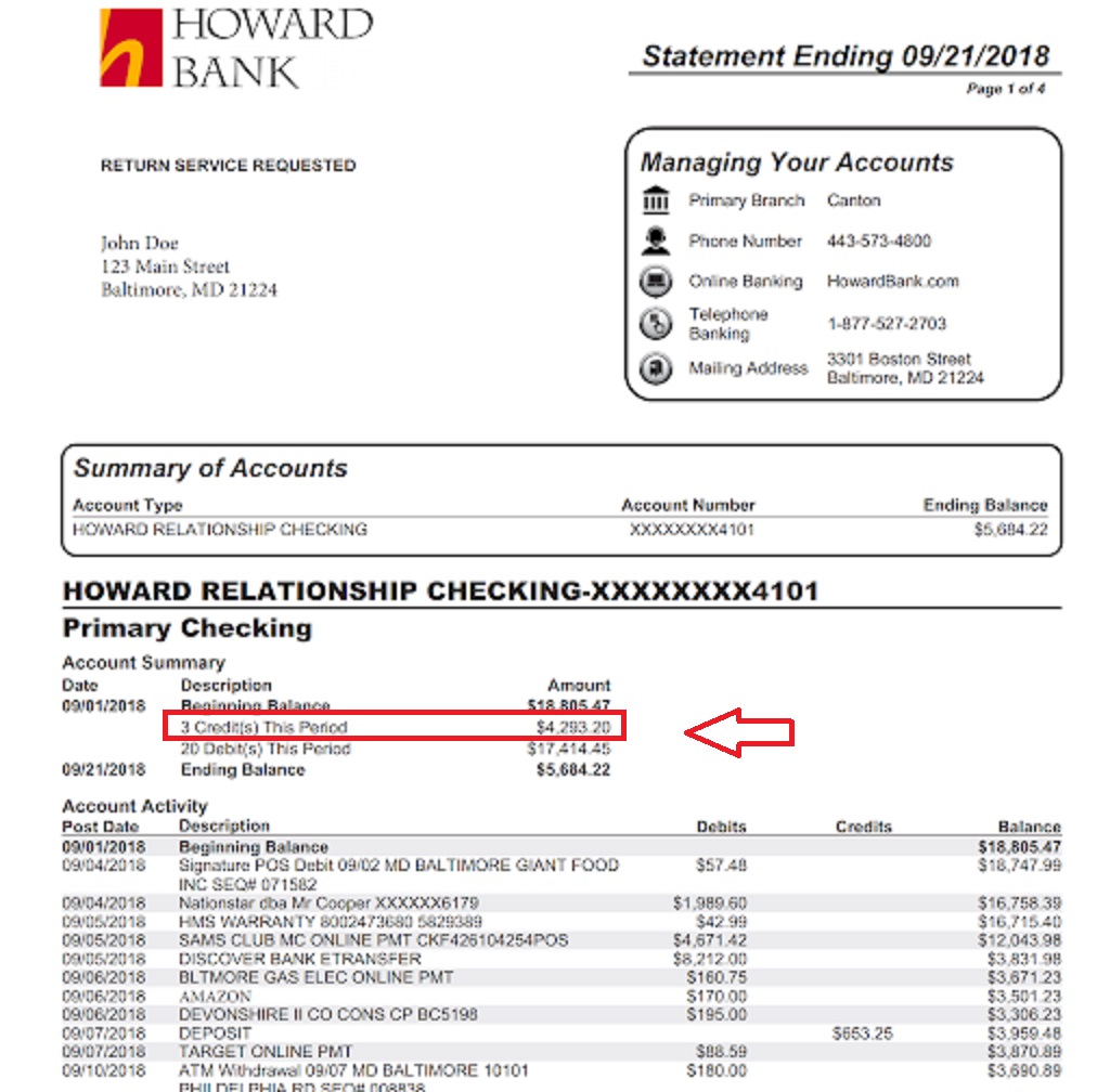 Sample bank statement with the total gross deposits line highlighted